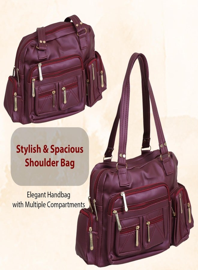 C Classic Women's Multi-Pocket Shoulder Bag, Faux Leather, Gold-Tone Zippers, Multiple Compartments, Adjustable Strap, for Work Travel Daily Use (Maroon) - Image 3